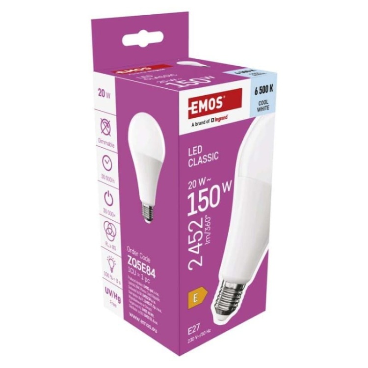 Żarówka LED E27 Classic A80 20W=150W biała zimna 6500K 2452lm EMOS opakowanie