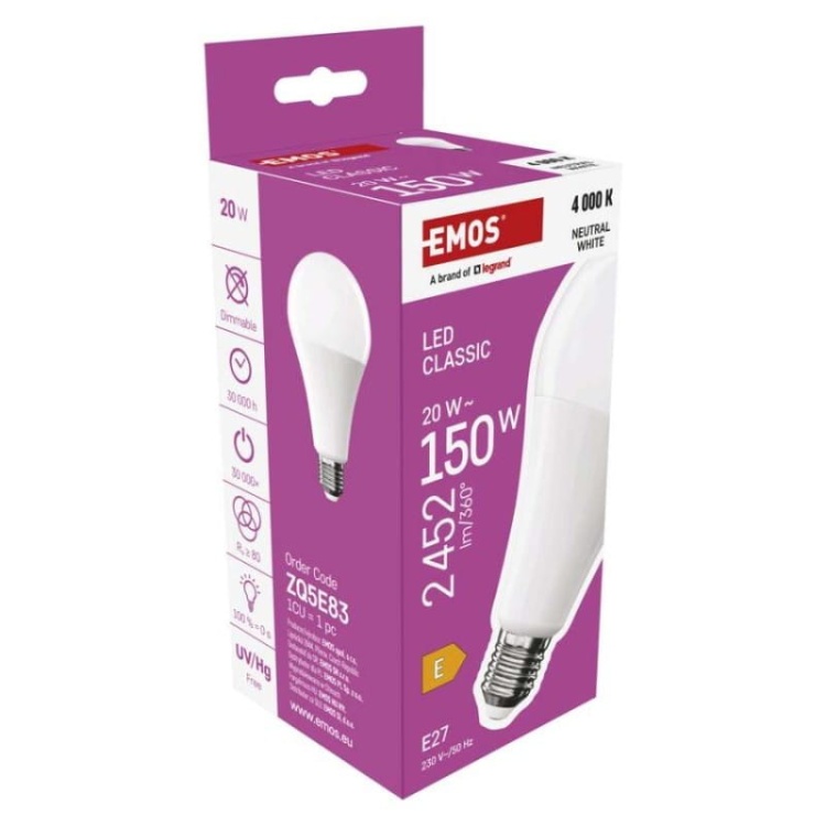Żarówka LED E27 Classic A80 20W=150W biała neutralna 4000K 2452lm EMOS opakowanie