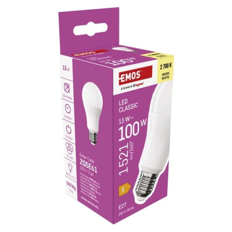 Żarówka LED E27 Classic A60 13W=100W biała ciepła 2700K 1521lm EMOS opakowanie