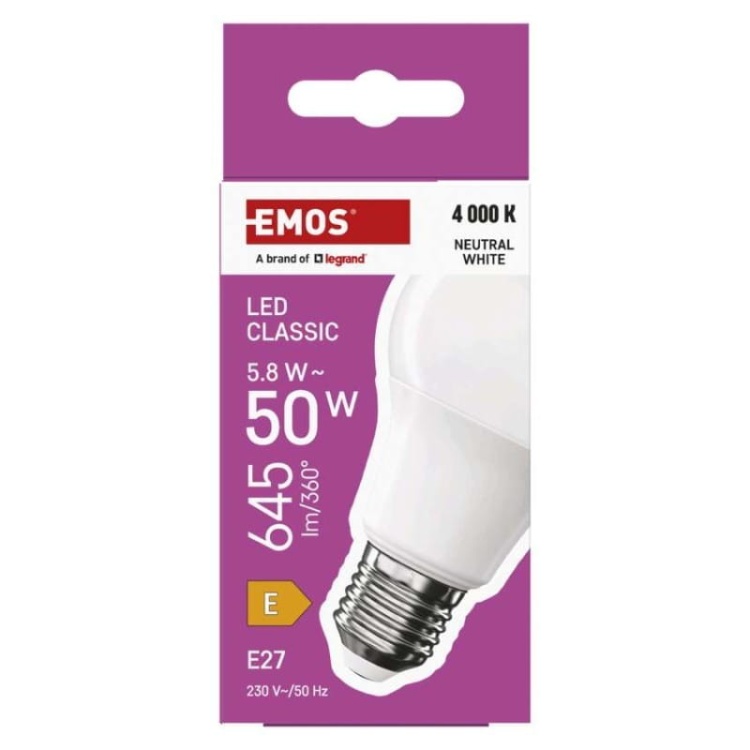 Żarówka LED E27 Classic A60 5.8W=50W biała neutralna 4000K 645lm EMOS opakowanie