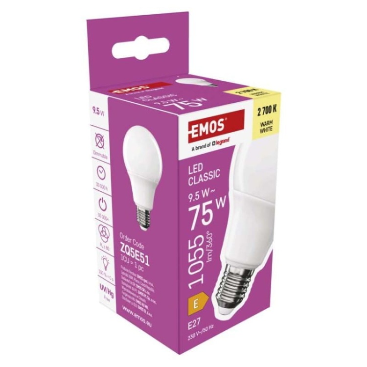 Żarówka LED E27 Classic A60 9.5W=75W biała ciepła 2700K 1055lm EMOS opakowanie