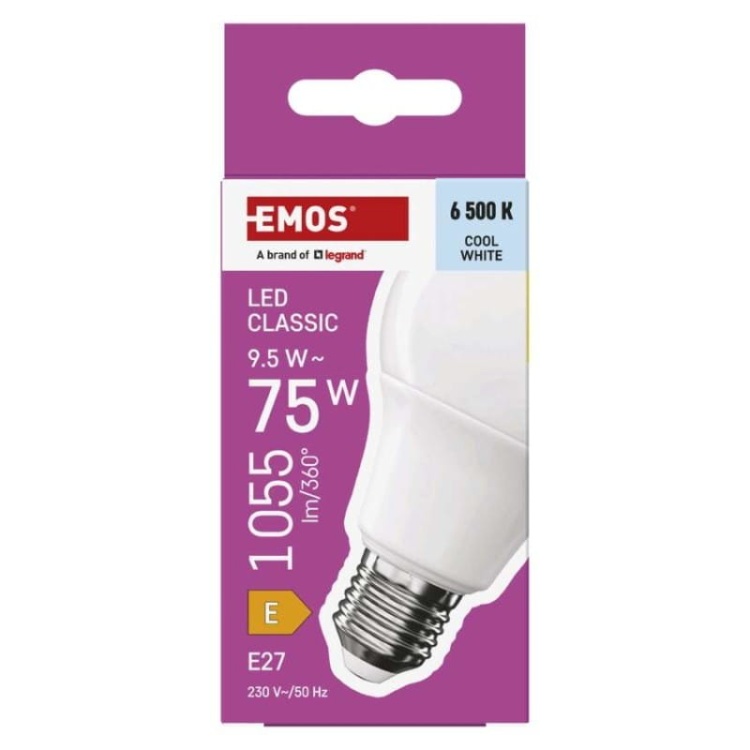 Żarówka LED E27 Classic A60 9.5W=75W biała zimna 6500K 1055lm EMOS opakowanie
