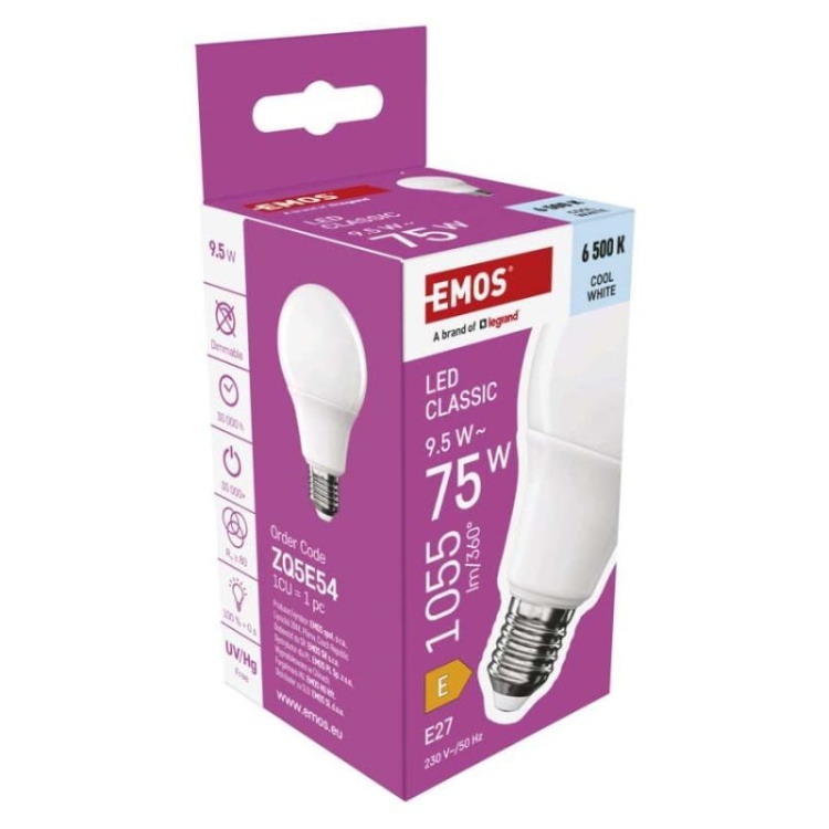 Żarówka LED E27 Classic A60 9.5W=75W biała zimna 6500K 1055lm EMOS opakowanie