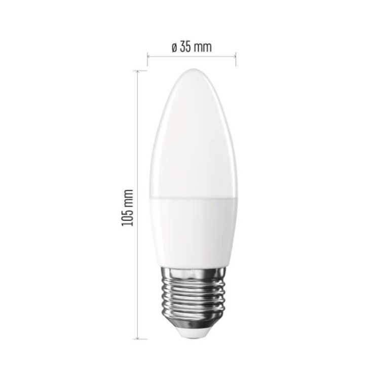 Żarówka LED E27 Classic świeczka 4.2W=60W biała ciepła 2700K 470lm EMOS wymiary