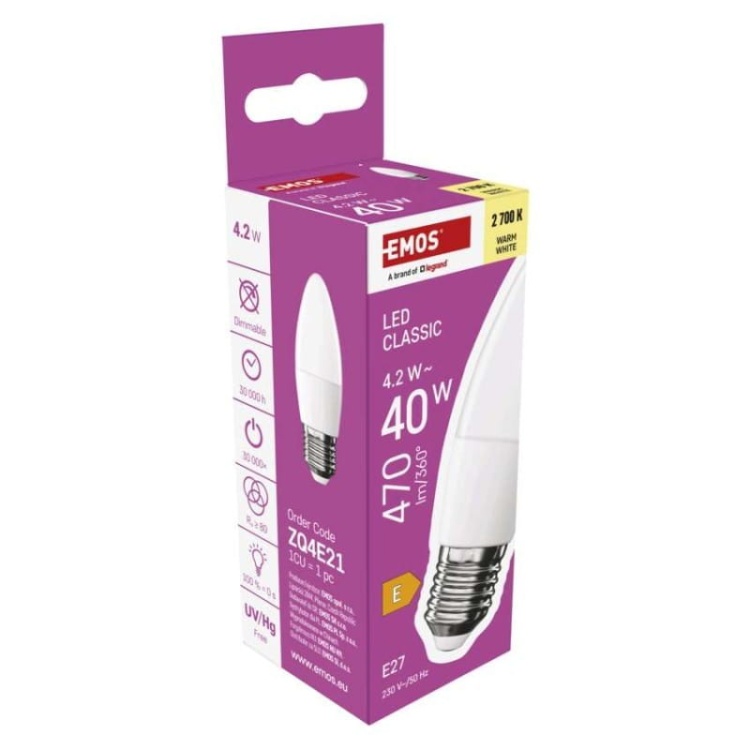 Żarówka LED E27 Classic świeczka 4.2W=60W biała ciepła 2700K 470lm EMOS opakowanie