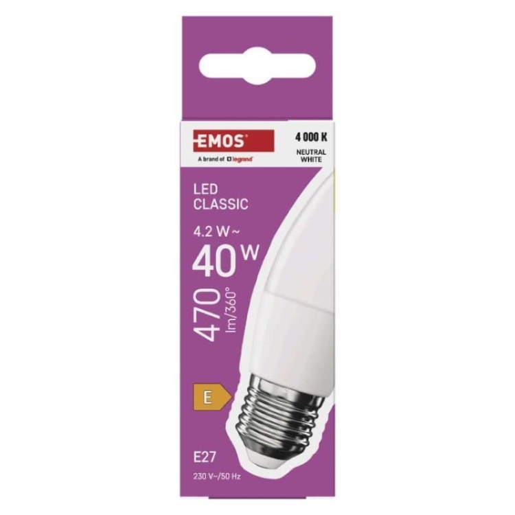 Żarówka LED E27 Classic świeczka 4.2W=60W biała neutralna 4000K 470lm EMOS opakowanie
