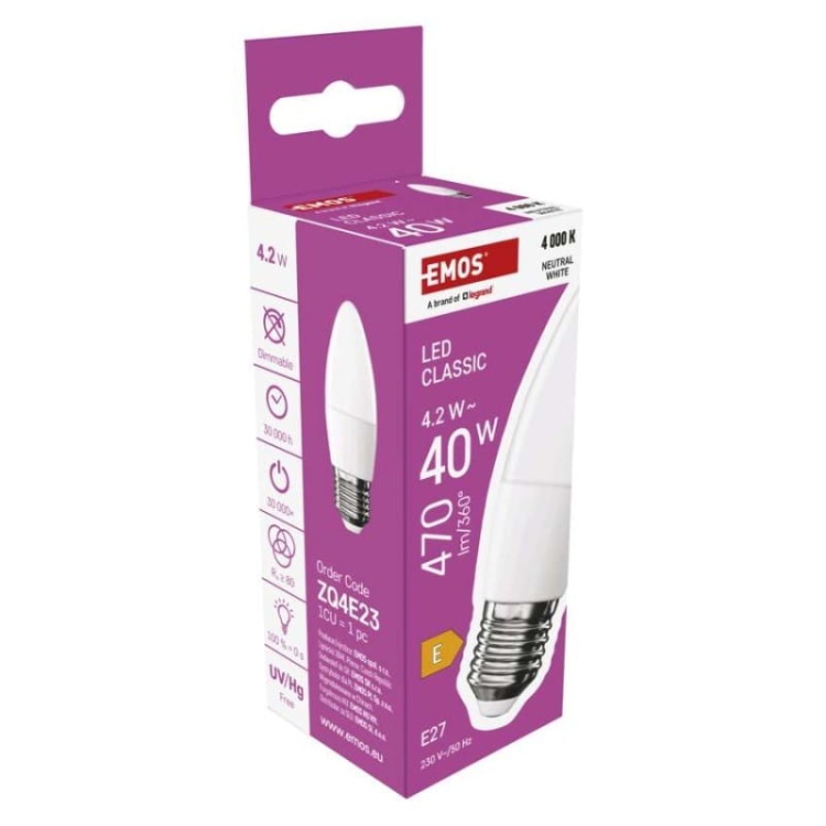Żarówka LED E27 Classic świeczka 4.2W=60W biała neutralna 4000K 470lm EMOS opakowanie