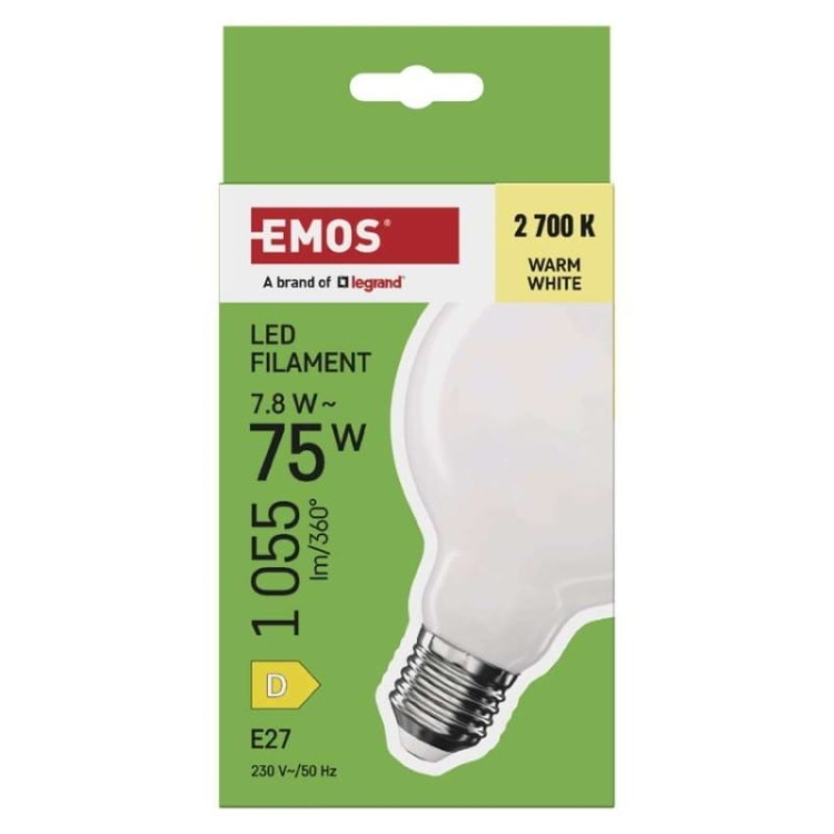 Żarówka E27 LED G95 7.8W=75W biała ciepła 2700K 1055lm EMOS opakowanie front