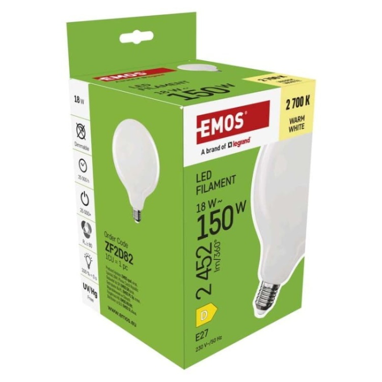 Żarówka E27 LED G125 18W=150W biała ciepła 2700K 2452lm EMOS opakowanie
