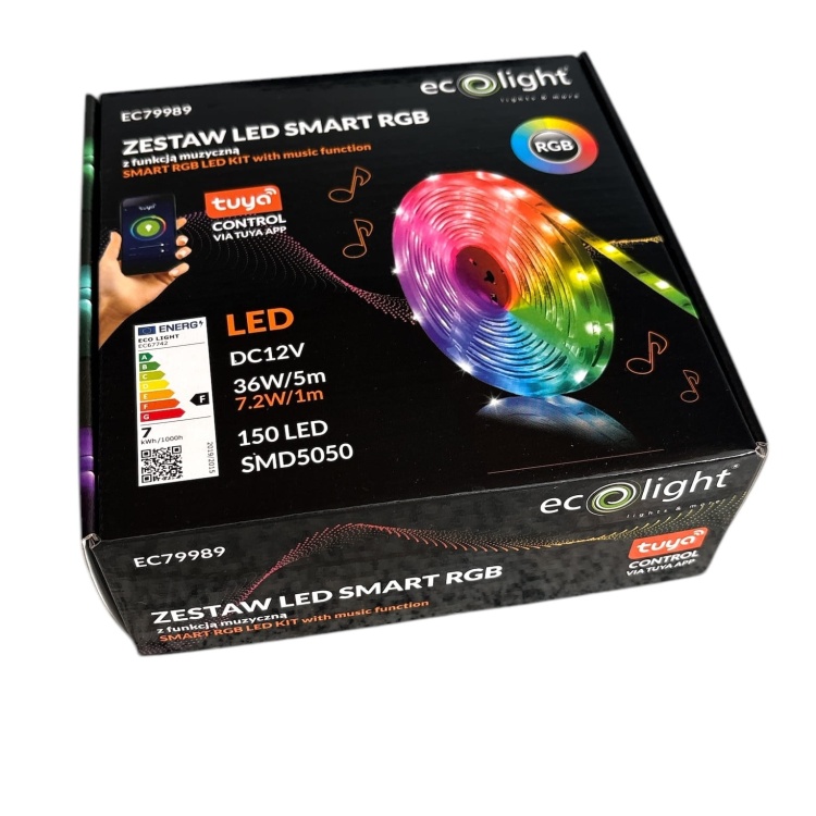Zestaw taśma LED muzyczna SMART RGB 5m 36W 12V TUYA Alexa,Google IP20 Ecolight EC79989 rozpakowany.jpg