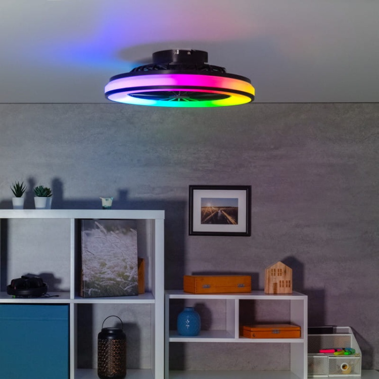 Plafoniera LED PLAVE z wentylatorem CCT+RGB 48W 2110lm ∅485mm Kanlux 38034 aranżacja