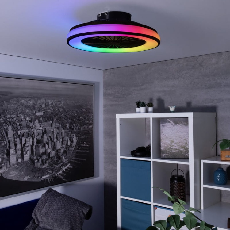 Plafoniera LED PLAVE z wentylatorem CCT+RGB 48W 2110lm ∅485mm Kanlux 38034 aranżacja