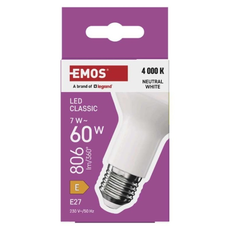 Żarówka LED E27 Classic R63 7W=60W biała neutralna 4000K 806lm EMOS opakowanie