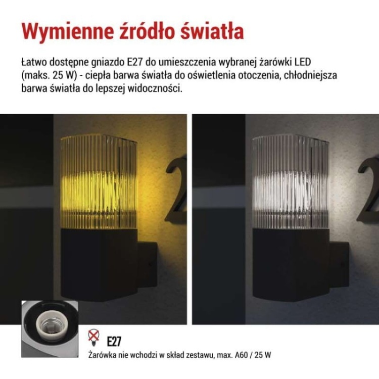 Oprawa elewacyjna ogrodowa LANA 22cm E27 max. 25W antracyt IP54 Emos informacje