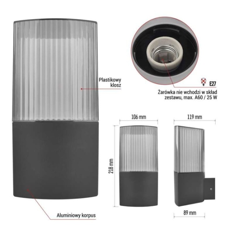 Oprawa elewacyjna ogrodowa LANA 22cm E27 max. 25W antracyt IP54 Emos informacje