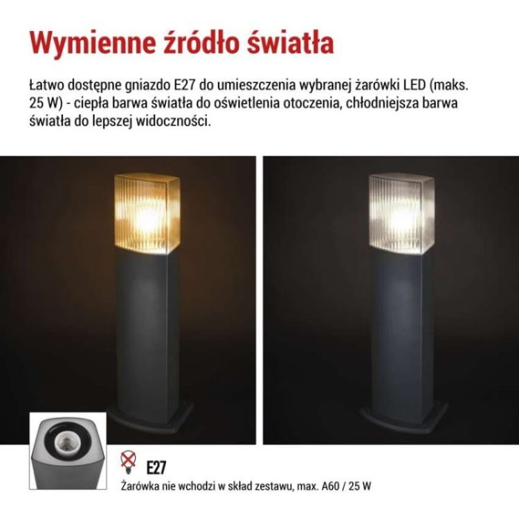 Słupek ogrodowy LANA 45cm E27 max. 25W antracyt IP54 Emos informacja