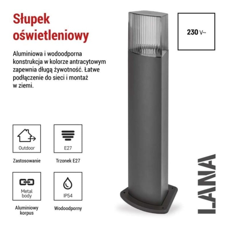 Słupek ogrodowy lana 75cm E27 max. 25W antracyt IP54 Emos informacje