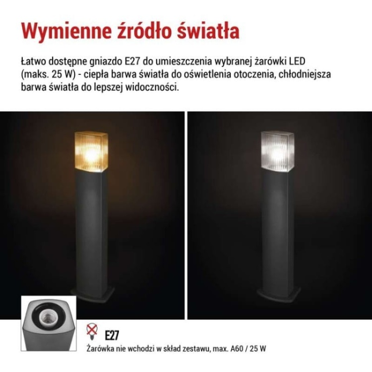 Słupek ogrodowy lana 75cm E27 max. 25W antracyt IP54 Emos informacje