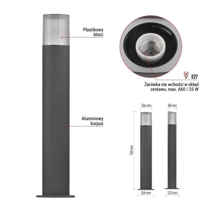 Słupek ogrodowy lana 75cm E27 max. 25W antracyt IP54 Emos informacje