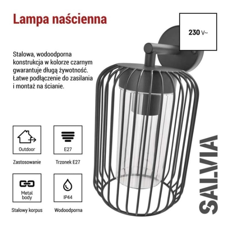 Oprawa elewacyjna ogrodowa SALVIA 28.5cm E27 15W IP44 czarna Emos informacje