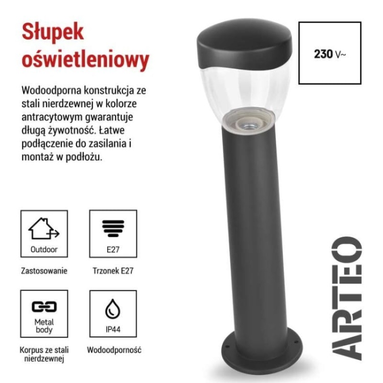 Słupek ogrodowy ARTEO 50cm E27 max. 15W antracyt IP44 Emos informacje