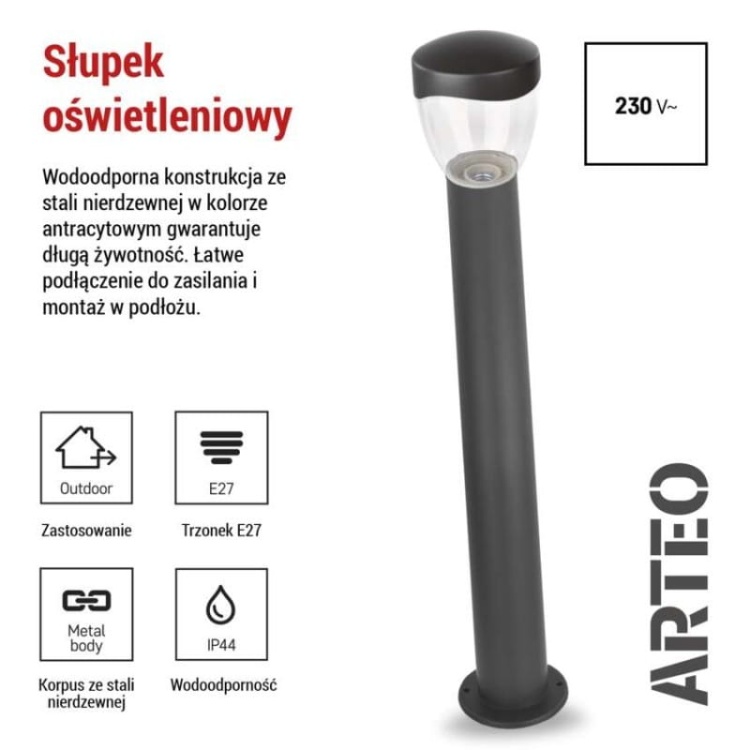 Słupek ogrodowy ARTEO 80cm E27 max. 15W antracyt IP44 Emos informacje