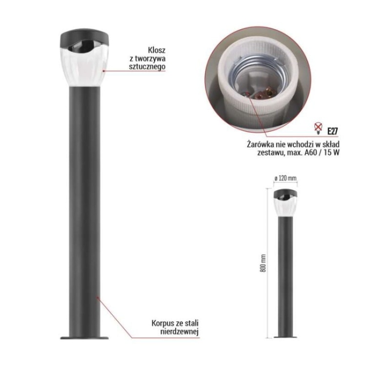 Słupek ogrodowy ARTEO 80cm E27 max. 15W antracyt IP44 Emos informacje