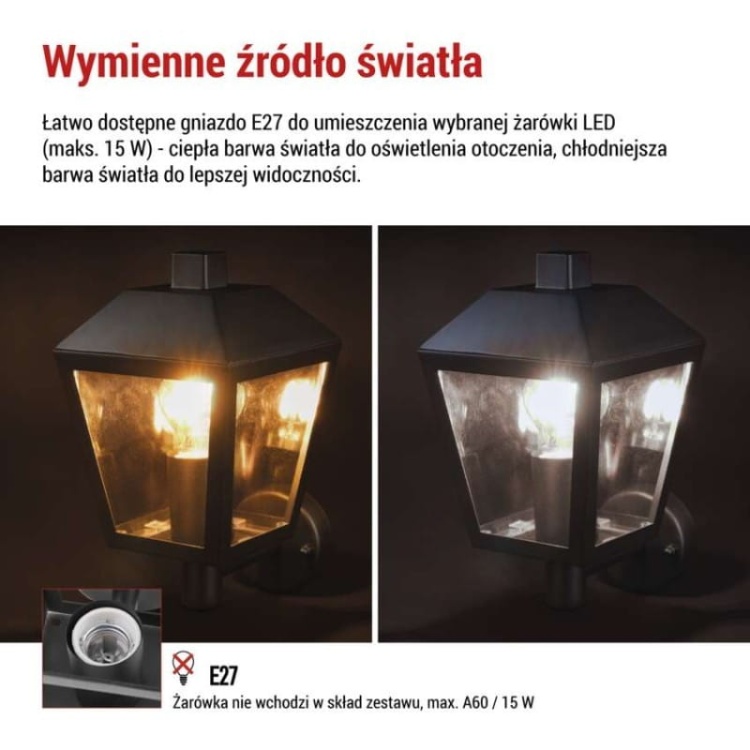 Oprawa elewacyjna ogrodowa ADENIA 28cm E27 15W IP44 czarna Emos informacje
