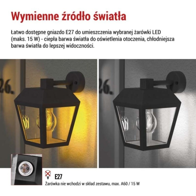 Oprawa elewacyjna ogrodowa ADENIA 24.5cm E27 15W IP44 czarna Emos informacje