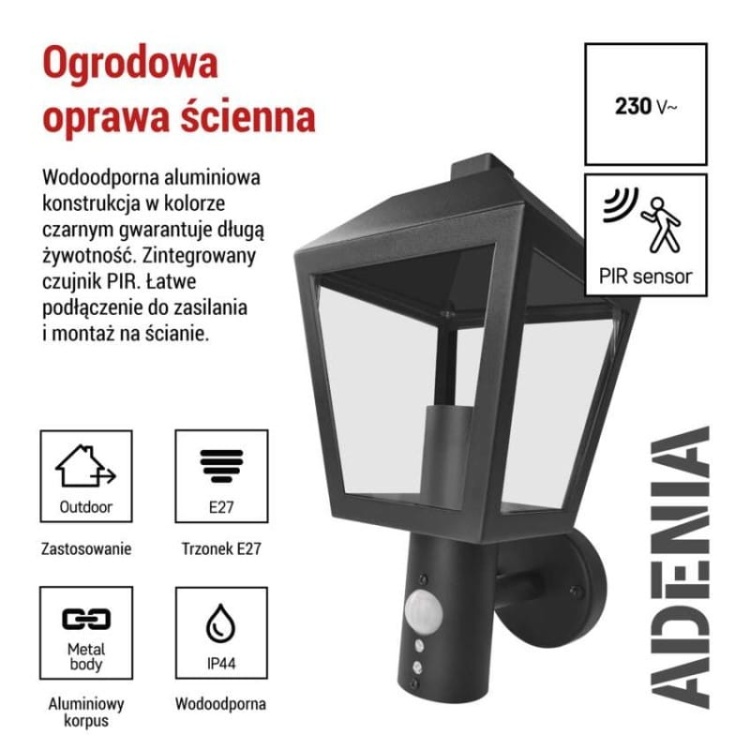 Oprawa elewacyjna ogrodowa ADENIA z czujnikiem PIR 30cm E27 15W IP44 czarna Emos informacje