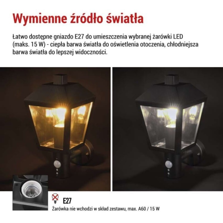 Oprawa elewacyjna ogrodowa ADENIA z czujnikiem PIR 30cm E27 15W IP44 czarna Emos informacje