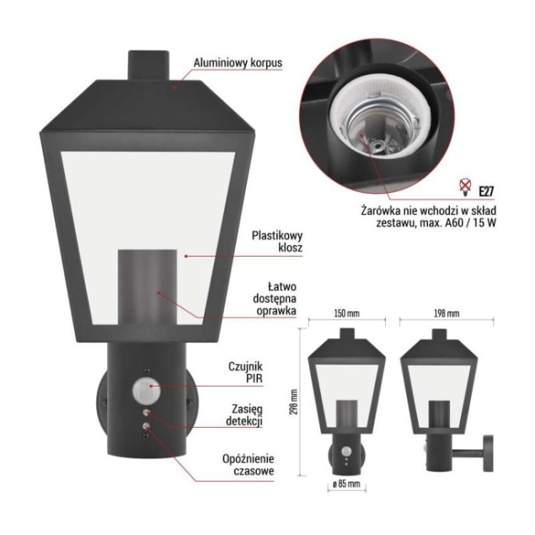 Oprawa elewacyjna ogrodowa ADENIA z czujnikiem PIR 30cm E27 15W IP44 czarna Emos informacje
