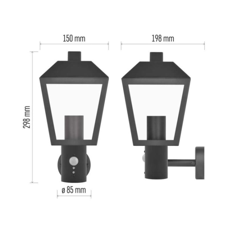 Oprawa elewacyjna ogrodowa ADENIA z czujnikiem PIR 30cm E27 15W IP44 czarna Emos wymiary