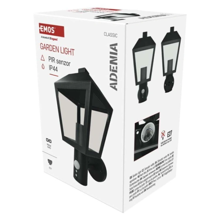 Oprawa elewacyjna ogrodowa ADENIA z czujnikiem PIR 30cm E27 15W IP44 czarna Emos opakowanie