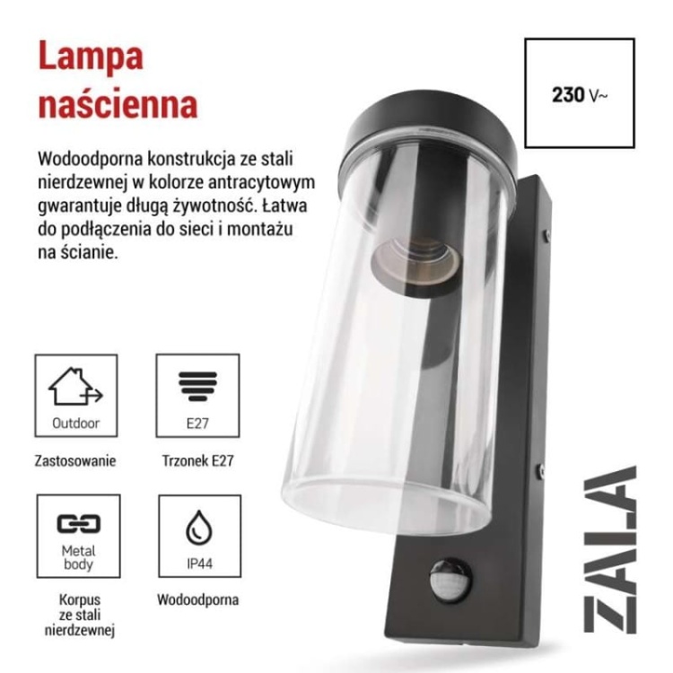 Oprawa elewacyjna ogrodowa ZALA z czujnikiem PIR 27cm E27 15W IP44 czarna Emos informacje