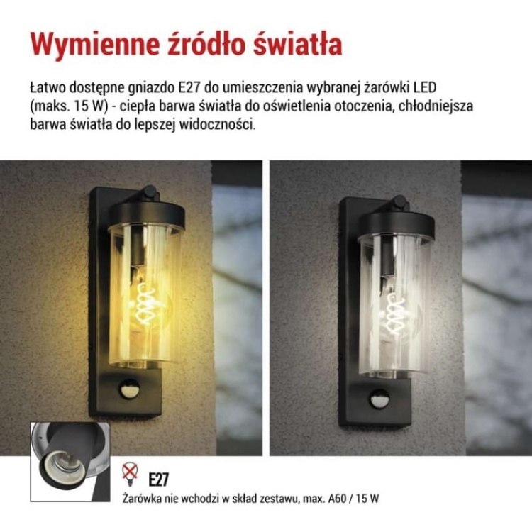 Oprawa elewacyjna ogrodowa ZALA z czujnikiem PIR 27cm E27 15W IP44 czarna Emos informacje