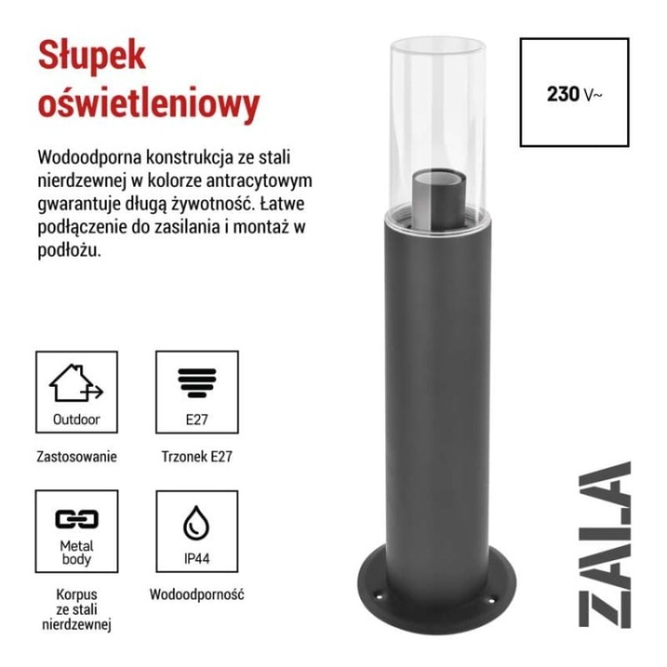 Słupek ogrodowy LED ZALA 50cm E27 max. 15W antracyt IP44 Emos informacje