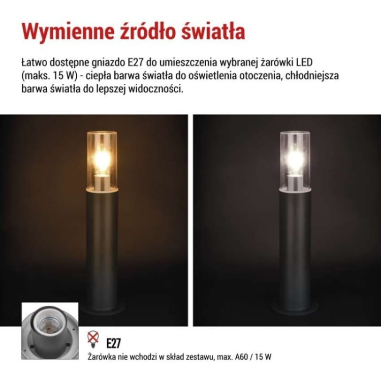 Słupek ogrodowy LED ZALA 50cm E27 max. 15W antracyt IP44 Emos informacje