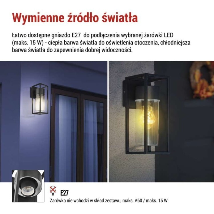 Oprawa elewacyjna ogrodowa TILLIA 27cm E27 7W IP44 czarna Emos informacje