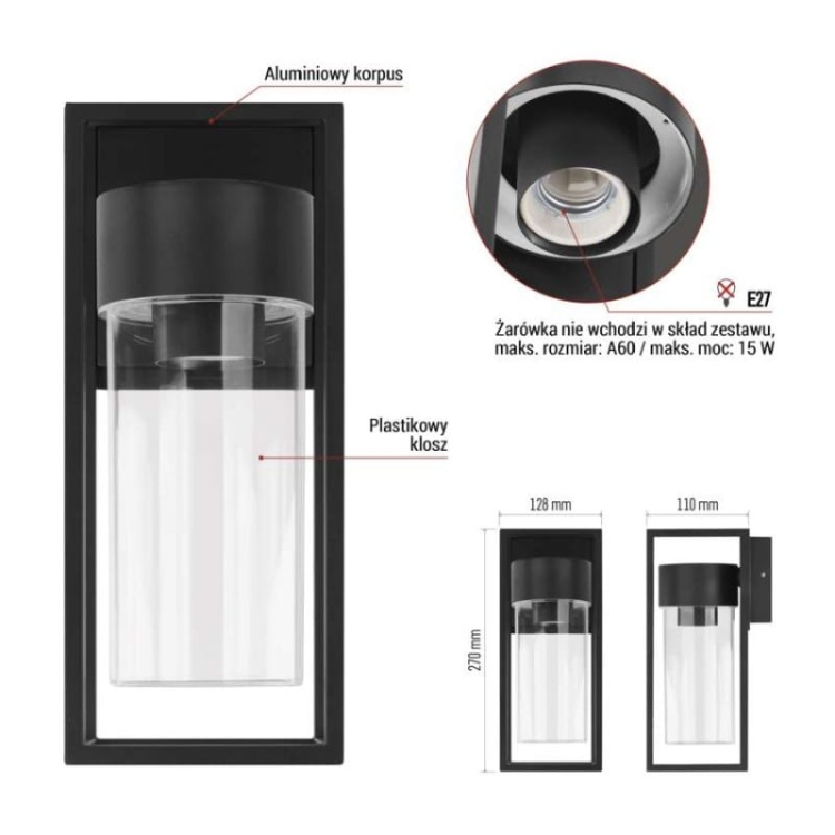 Oprawa elewacyjna ogrodowa TILLIA 27cm E27 7W IP44 czarna Emos informacje