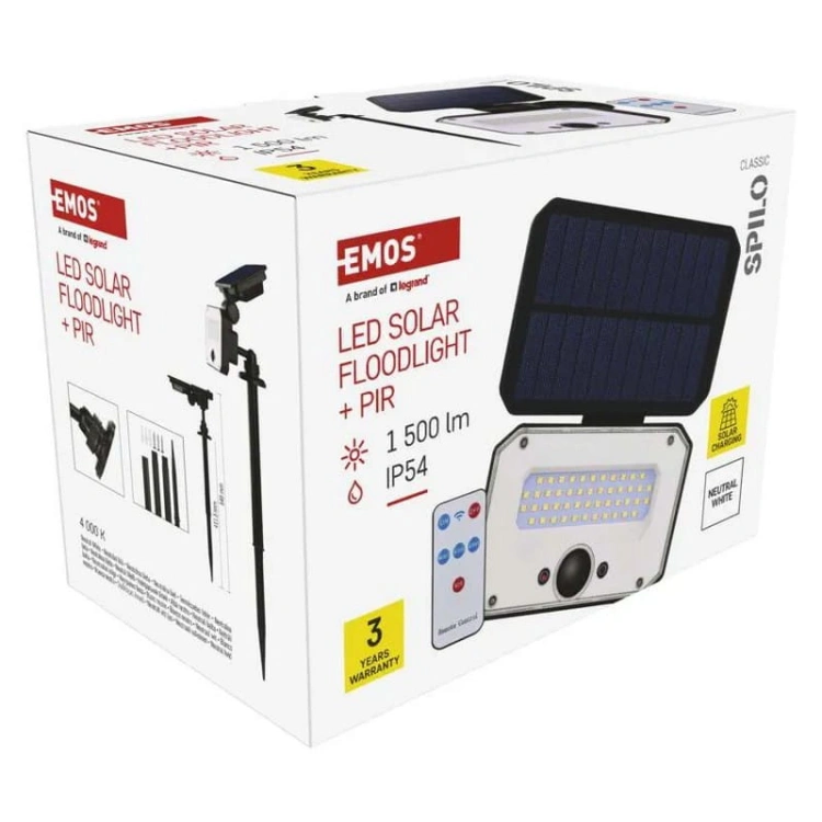 Naświetlacz LED Garden SPILO solarny z PIR 4000K 1500lm IP54 Emos opakowanie