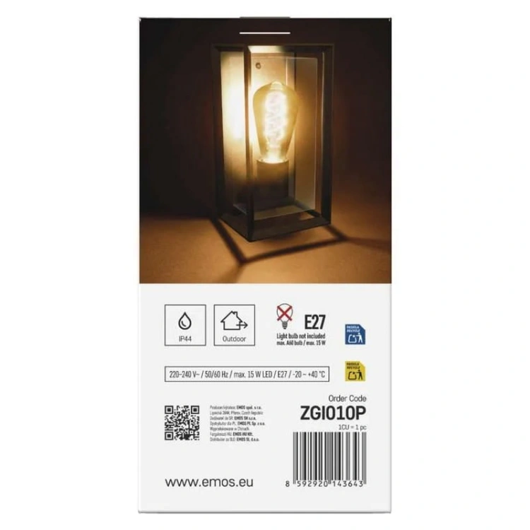 Oprawa elewacyjna ogrodowa TILLIA 27cm E27 7W IP44 czarna Emos opakowanie