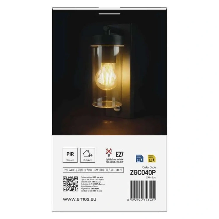 Oprawa elewacyjna ogrodowa ZALA z czujnikiem PIR 27cm E27 15W IP44 czarna Emos opakowanie
