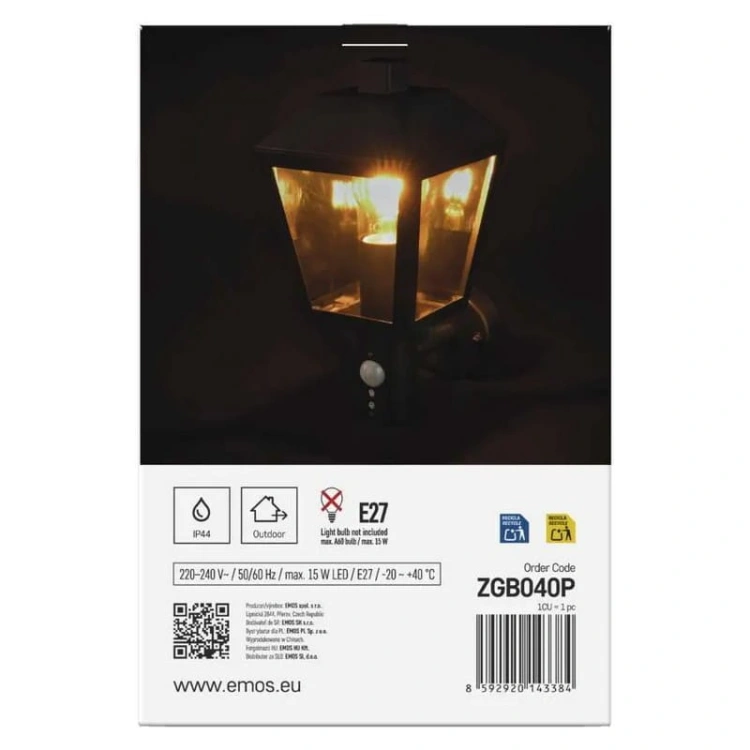 Oprawa elewacyjna ogrodowa ADENIA z czujnikiem PIR 30cm E27 15W IP44 czarna Emos opakowanie