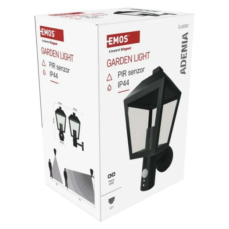 Oprawa elewacyjna ogrodowa ADENIA z czujnikiem PIR 30cm E27 15W IP44 czarna Emos opakowanie