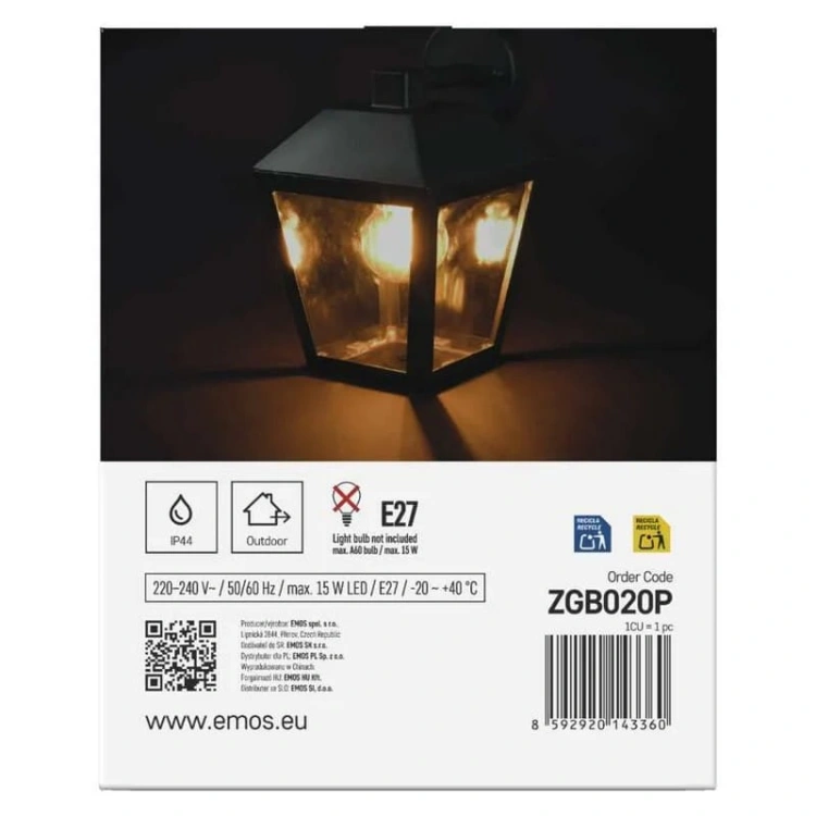 Oprawa elewacyjna ogrodowa ADENIA 24.5cm E27 15W IP44 czarna Emos opakowanie