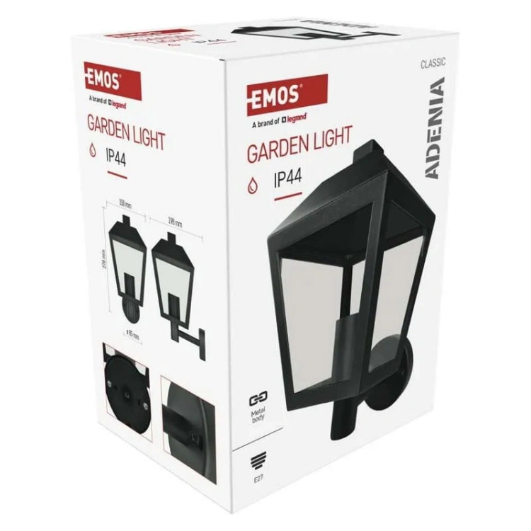 Oprawa elewacyjna ogrodowa ADENIA 28cm E27 15W IP44 czarna Emos opakowanie