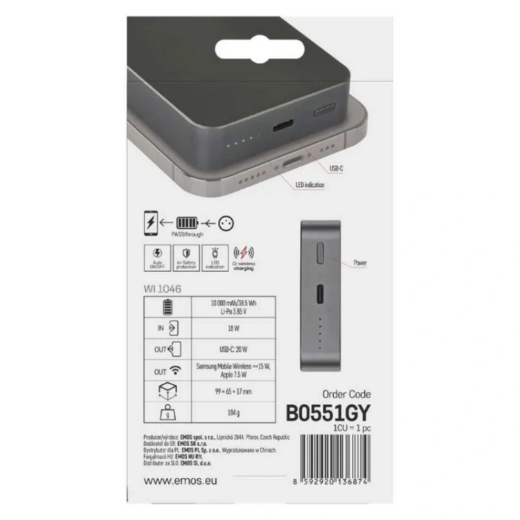 Powerbank EMOS WI 1046 10 000 mAh 20 W+Wireless szary opakowanie tył