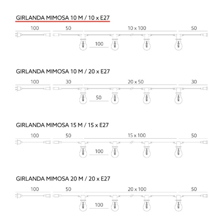 Girlanda MIMOSA 2 10m 10xE27 Kobi wymiary