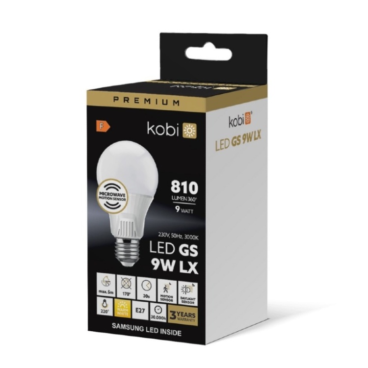 Żarówka z czujnikiem ruchu LED GS 9W E27 3000K LX Kobi Premium opakowanie